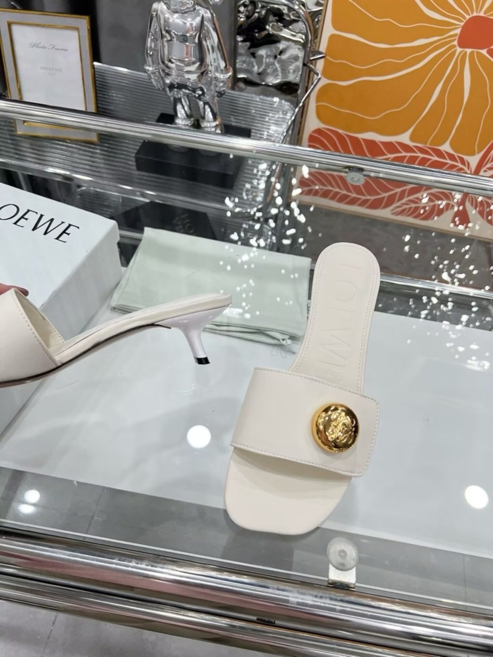 Loewe Cream Leather Slide Mules with Gold Medallion - Picture 3 of 7